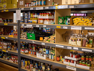 Shelves in a food pantry